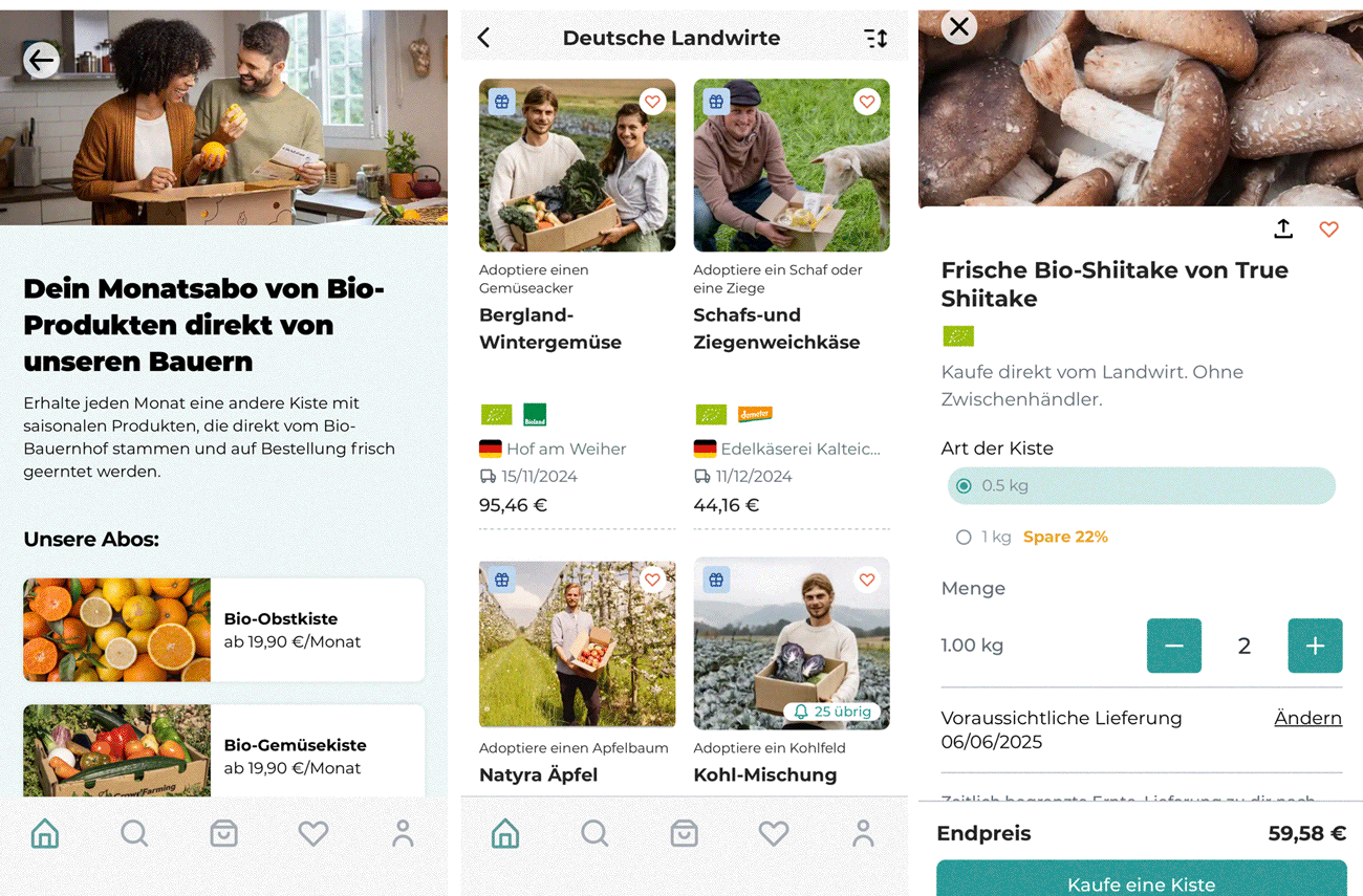 Screenshots von verschiedenen Funktionen der App "CrowdFarming"