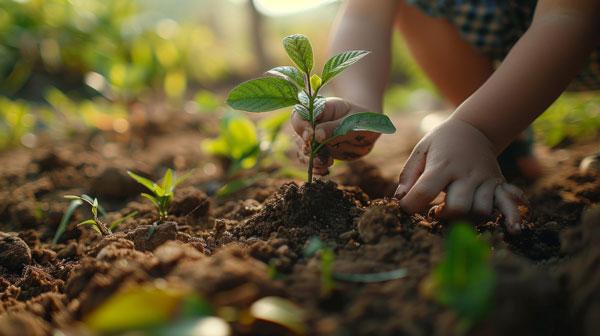 Kinderhände setzen eine Pflanze in die Erde