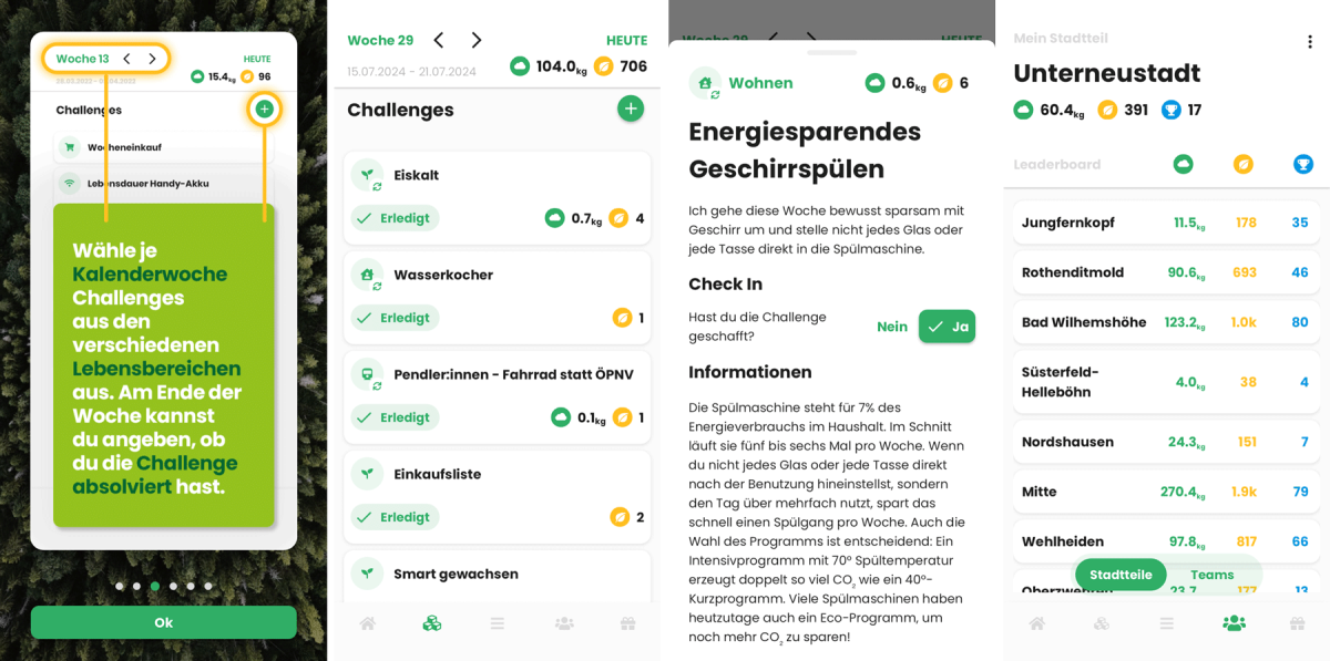 Screenshots verschiedener Funktionen der App "klimo" für mehr Klimaschutz in Kassel