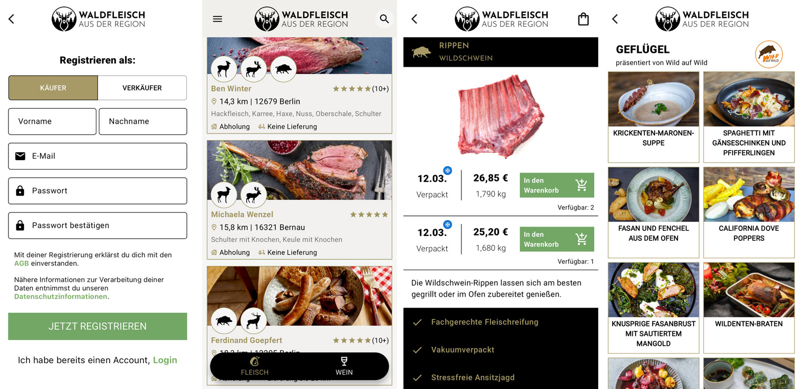 Verschiedene Screenshots der App "Waldfleisch"