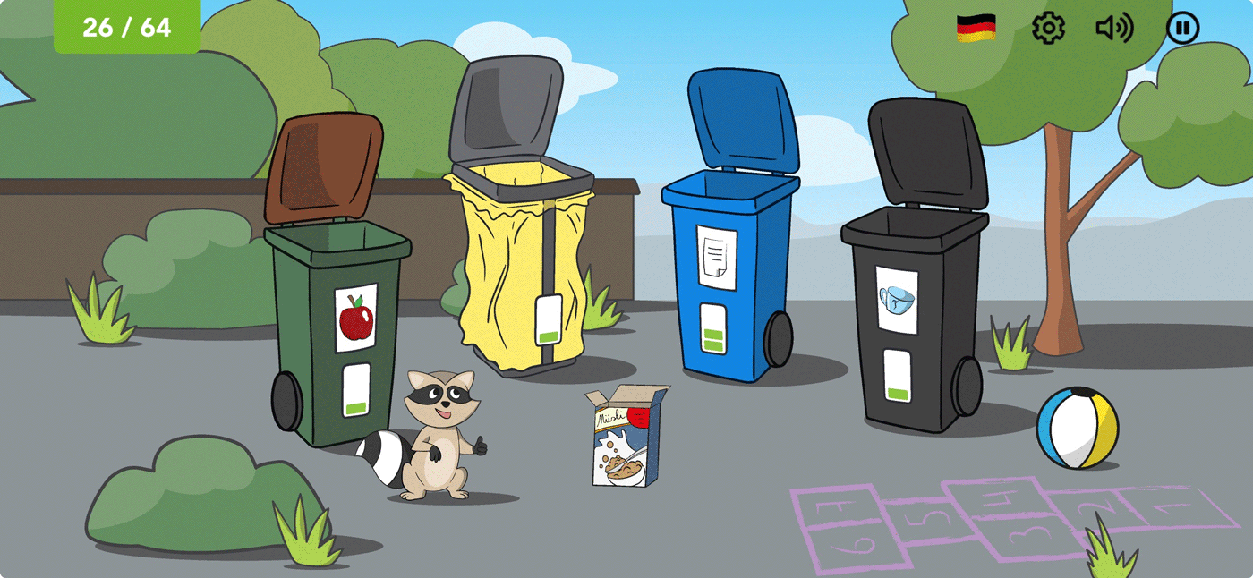 Screenshot der App "wirfuerbio Sortierspiel" mit einem Müllsorten-Recycling-Spiel